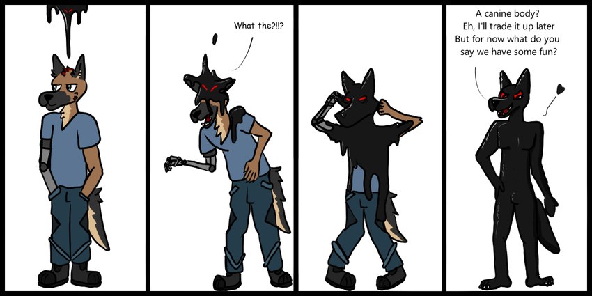 anthro basic_sequence body_control dialogue four_frame_sequence goo_transformation latex linear_sequence male takeover text transformation transformation_sequence chez_(artist) chez canid canine canis domestic_dog german_shepherd herding_dog mammal pastoral_dog 2:1 english_text