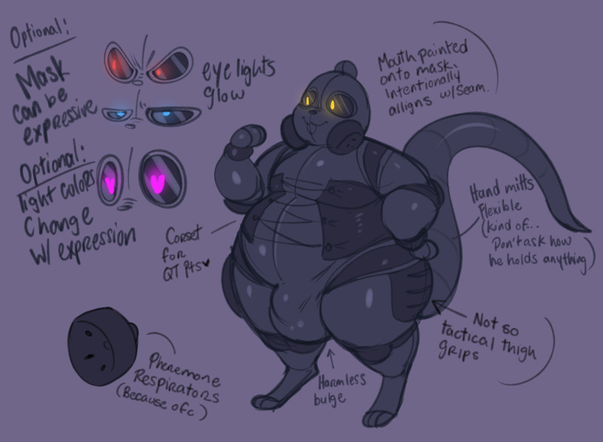 anthro black_body blue_eyes bodysuit bulge clothing gas_mask glistening hazmat hazmat_suit latex male mask overweight overweight_anthro overweight_male purple_eyes red_eyes simple_background skinsuit solo standing text thick_thighs tight_clothing yellow_eyes meganemausu squeakit mammal murid murine rat rodent 2019 digital_drawing_(artwork) digital_media_(artwork) english_text flat_colors model_sheet