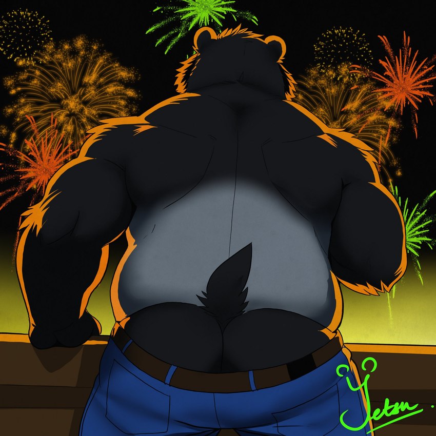 anthro bottomwear bottomwear_down butt clothed clothing fireworks fur male muscular muscular_anthro muscular_male outside overweight overweight_anthro overweight_male partially_clothed rear_view shorts shorts_down solo standing tail yetsu yetsupanda bear giant_panda mammal 1:1 digital_media_(artwork) hi_res