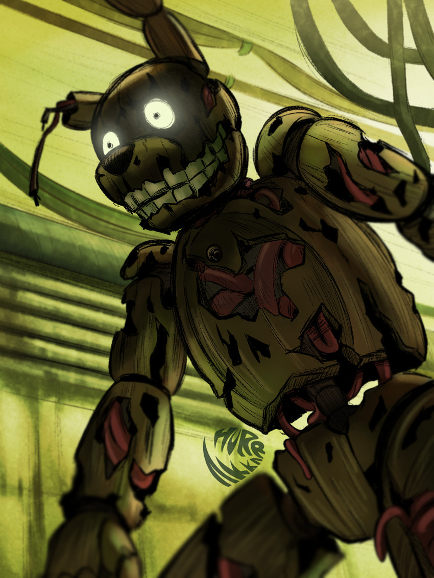 anthro big_pupils black_eyes close-up dilated_pupils featureless_crotch glowing glowing_eyes green_body green_nose inside looking_away machine male nightmare_fuel notched_ear pupils smile solo teeth torn_body wire yellow_ears yellow_teeth silverponteo five_nights_at_freddy's five_nights_at_freddy's_3 scottgames springtrap_(fnaf) animatronic lagomorph leporid mammal rabbit robot 2019 3:4 half-length_portrait hi_res portrait