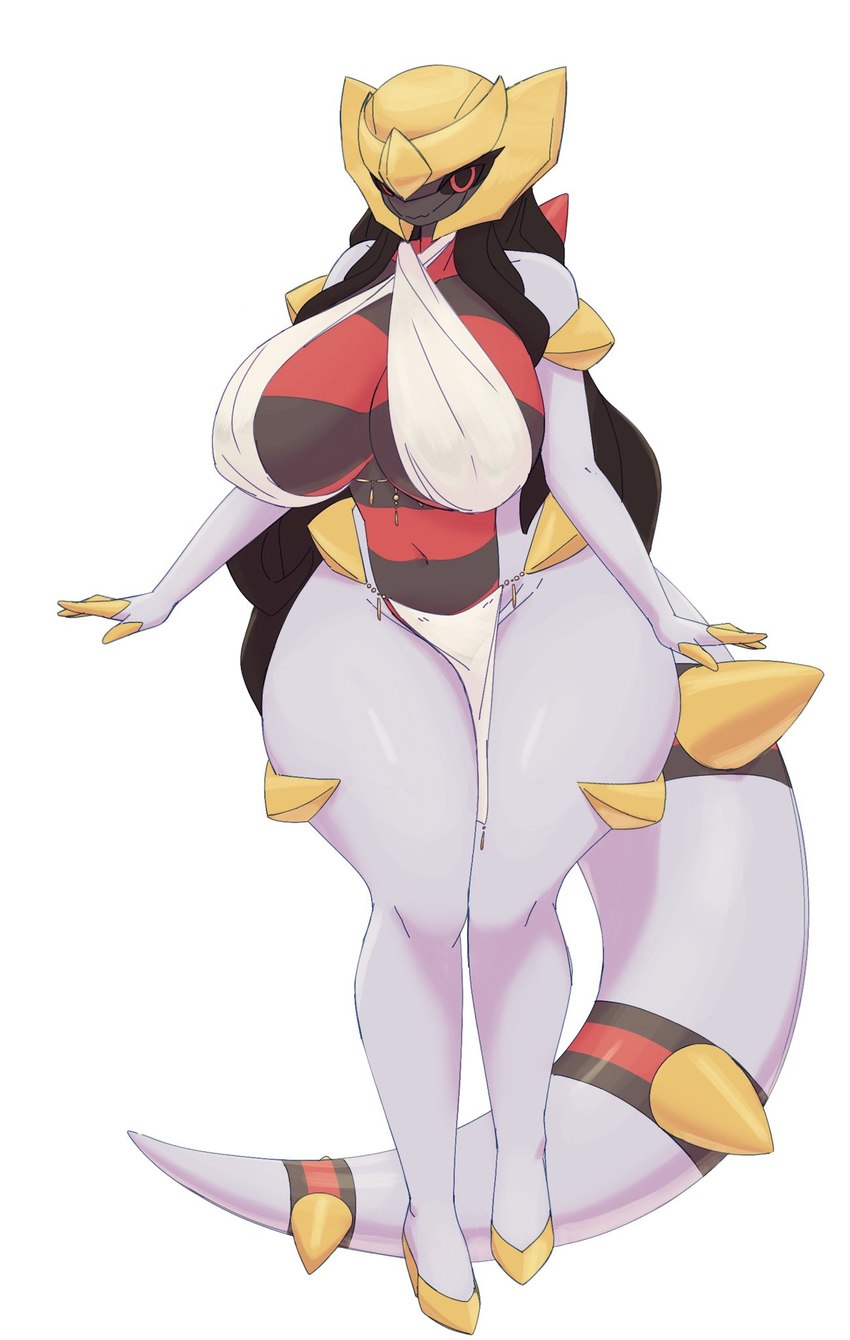 anthro big_breasts bottomwear breasts clothed clothing curvy_anthro curvy_female curvy_figure female front_view huge_breasts loincloth red_eyes simple_background skimpy solo spikes standing tail thick_tail thick_thighs topwear wide_hips dullyarts nintendo pokemon generation_4_pokemon giratina legendary_pokemon pokemon_(species) full-length_portrait hi_res portrait