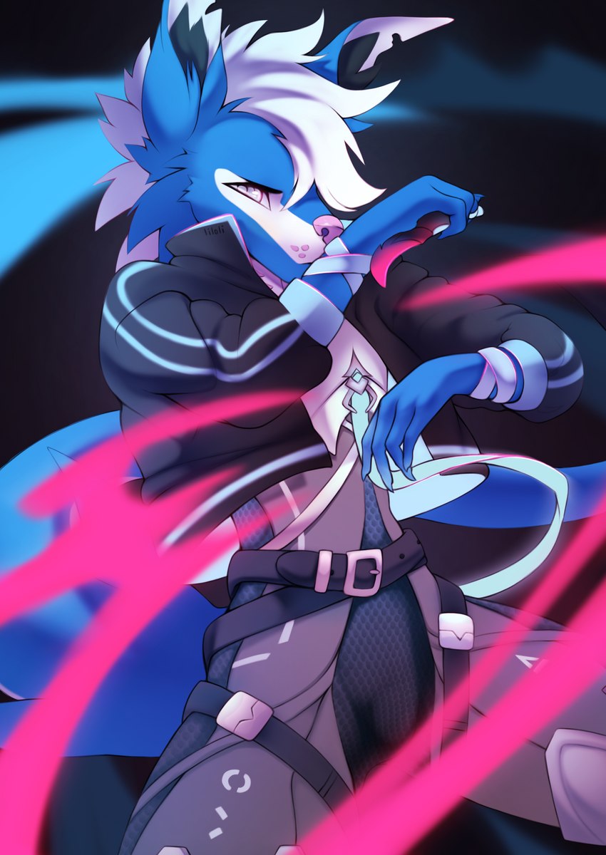 action_pose anthro belt blue_body bodysuit clothing future hair knife male pose protection simple_background skinsuit solo straps suit tight_clothing white_body white_eyes white_hair liloli_(artist) cyano canid canine canis domestic_dog fish mammal marine shark absurd_res hi_res