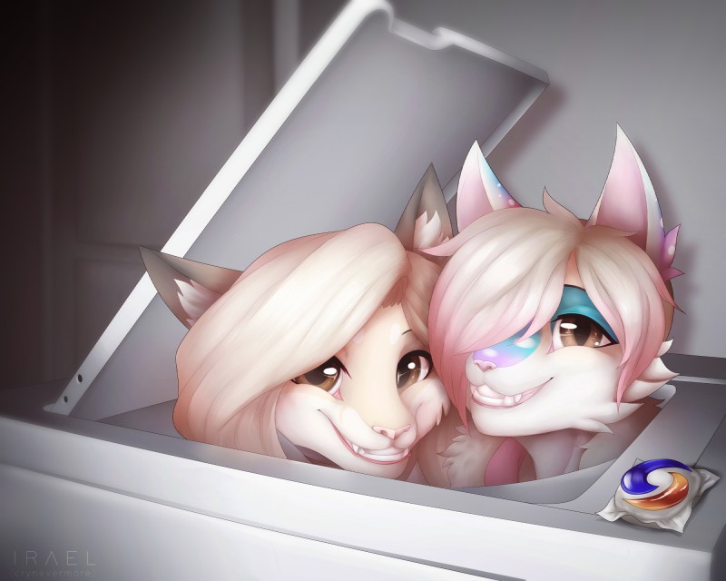 ambiguous_gender anthro appliance blonde_hair clothing duo fluffy hair humor inside laundry_machine smile spots stripes teeth washing_machine crynevermore tide_(brand) tide_pod skye_(skyebubblez242) canid canine domestic_cat felid feline felis fox hybrid lagomorph leporid mammal rabbit 5:4 hi_res meme watermark