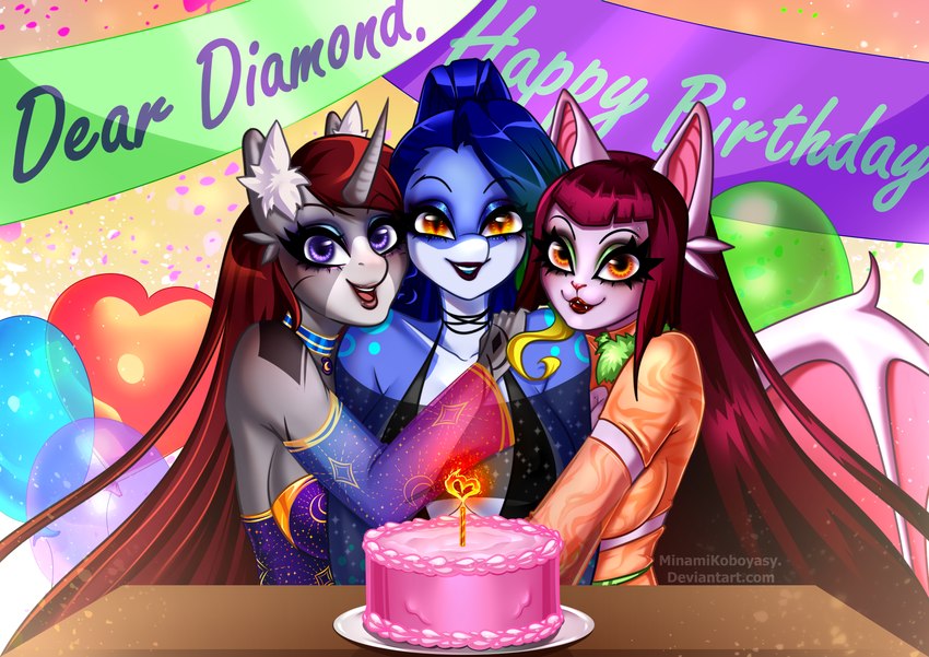 anthro balloon banner birthday birthday_cake birthday_candle birthday_party cake clothed clothing dessert female female/female food group hug hug_from_side hugging_another inflatable inner_ear_fluff jewelry looking_at_viewer necklace smile smiling_at_viewer trio tuft minamikoboyasy crystal_midnight_(minamikoboyasy) diamond_dust_(minamikoboyasy) selune_darkeye bat fish humanoid hybrid mammal marine shark succubus absurd_res hi_res