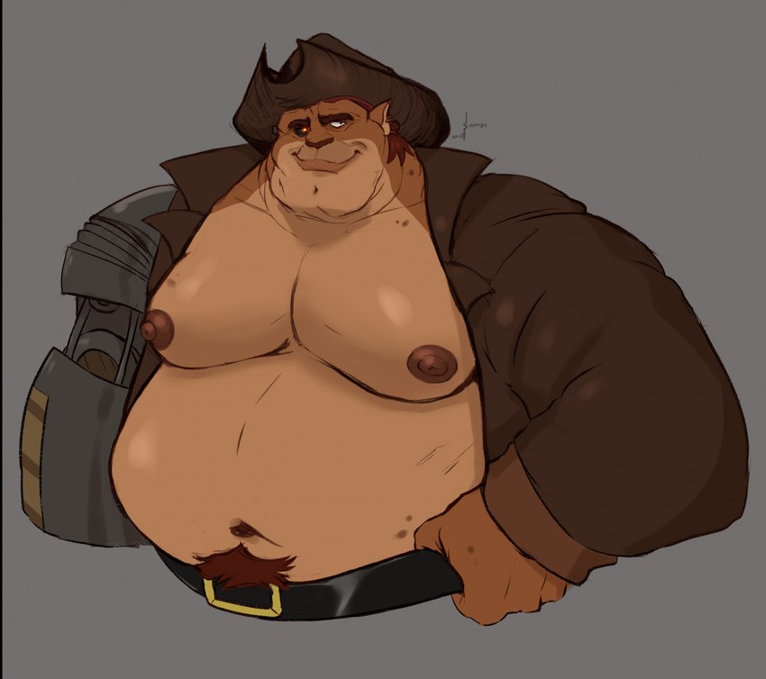 belly belt cybernetic_eye cybernetics ear_piercing machine male mechanical_arm moobs navel nipples overweight overweight_humanoid overweight_male piercing pirate pirate_hat smile smirk solo space_pirate sinfulspikes disney treasure_planet long_john_silver alien humanoid