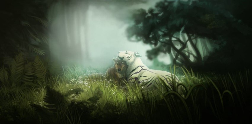 cuddling duo feral forest interspecies male male/male plant stripes tree earthmidnight_(artist) elias_bigby bigby sakuri_rainne chimera felid mammal pantherine tiger