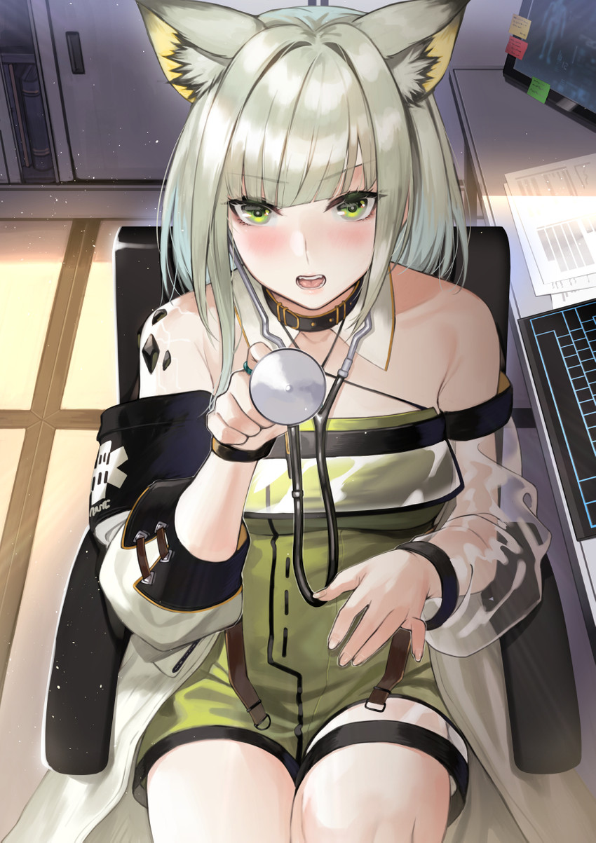 5_fingers blush breasts chair collar computer_keyboard electronics female fingers furniture green_eyes hair high-angle_view holding_stethoscope looking_at_viewer medical_instrument monitor open_mouth scientific_instrument sitting solo stethoscope white_hair deras arknights hypergryph studio_montagne kal'tsit_(arknights) animal_humanoid felid felid_humanoid humanoid mammal mammal_humanoid 2020 hi_res