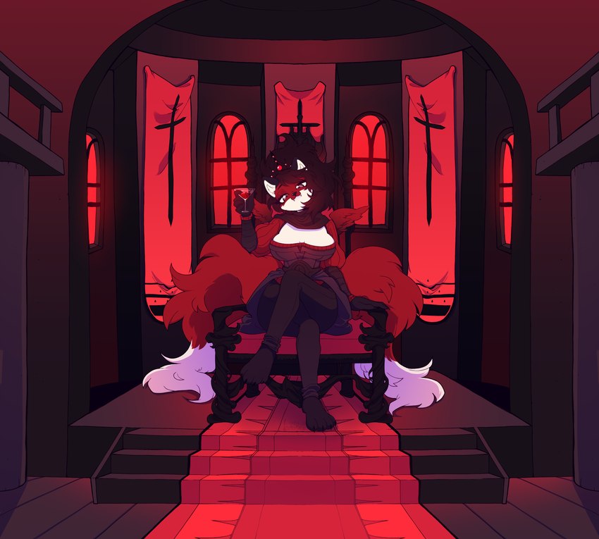 2_tails alcohol anthro beverage black_hair breasts chair chibi_wings container cup cute_fangs drinking_glass fangs female fur furniture glass glass_container glass_cup gothic_architecture hair markings multi_tail red_body red_fur solo spread_wings tail teeth thick_thighs throne throne_room white_markings wine wine_glass wings dreamalgia zaina_esmeray canid canine fox mammal vampire absurd_res hi_res