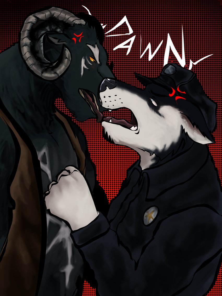 angry_kiss anthro anthro_on_anthro black_body black_fur black_ram blue_eyes clothing duo fur hat headgear headwear male male/male multicolored_body multicolored_fur police police_badge police_hat police_officer police_uniform uniform white_body white_fur yellow_body yellow_fur dawns_river burrows_(captain_nikko) alfwin_(captain_nikko) frank_(captain_nikko) bovid canid canine canis caprine domestic_dog husky mammal nordic_sled_dog sheep spitz artist_name digital_media_(artwork) hi_res