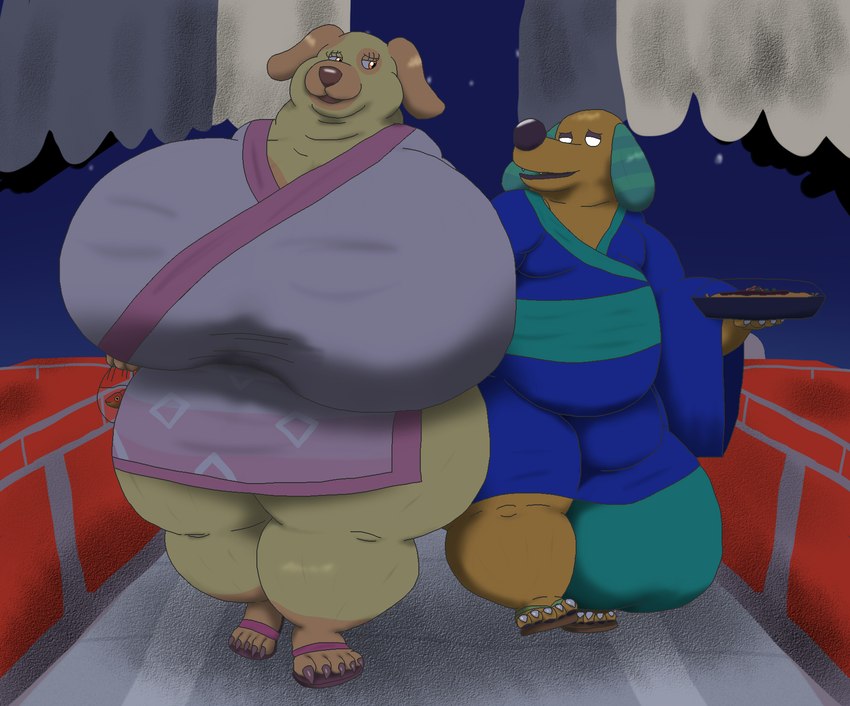 anthro asian_clothing big_breasts big_bulge breasts bulge clothing duo east_asian_clothing female festival huge_breasts huge_bulge huge_hips hyper hyper_breasts hyper_bulge japanese_clothing japanese_food kimono male morbidly_obese night obese overweight overweight_female overweight_male romantic romantic_couple wide_hips alythewolfcat animal_crossing nintendo biskit_(animal_crossing) goldie_(animal_crossing) beagle canid canine canis domestic_dog hunting_dog mammal scent_hound hi_res