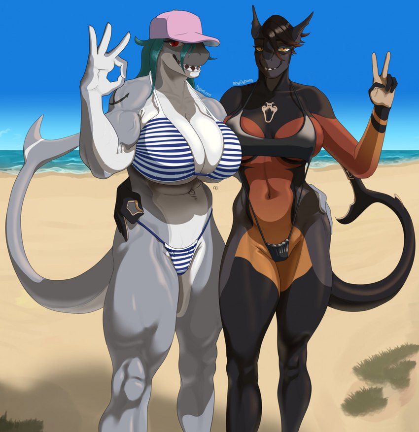 anchor_tattoo anthro arm_around_waist beach big_breasts bikini breasts clothed clothing detailed_navel duo female gesture hand_gesture hand_on_butt hat headgear headwear looking_at_viewer muscular muscular_anthro muscular_female navel one-piece_swimsuit red_eyes seaside shark_tail sharp_teeth skimpy sling_bikini smile swimwear tattoo teeth two-piece_swimsuit water yellow_eyes typelord circle_game discovery_channel shark_week fish marine shark 2021 colored hi_res meme portrait three-quarter_portrait