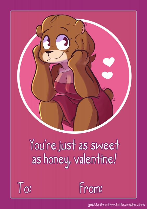 4_fingers anthro biped breasts brown_body brown_fur cleavage clothed clothing dot_eyes dress female fingers fur heart_symbol holidays looking_at_viewer pose simple_background sitting smile solo text gabbah valentine's_day petunia_(gabbah) bear mammal 2018 absurd_res digital_media_(artwork) english_text hi_res url