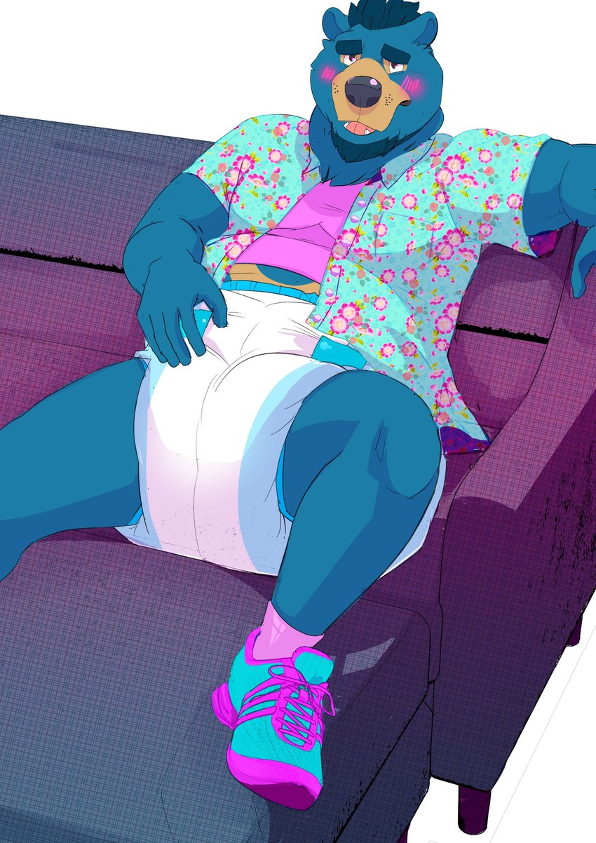 5_fingers anthro belly biped blue_body blue_fur blue_hair blush clean_diaper clothed clothing diaper facial_hair fangs fingers footwear fur furniture goatee hair legwear looking_at_viewer male neon overweight overweight_anthro overweight_male partially_clothed rubbing shirt shoes shy simple_background sneakers socks sofa solo teeth tongue topwear wearing_diaper daire301 monty_(baron_montesque) bear mammal short-faced_bear spectacled_bear 2019 absurd_res digital_media_(artwork) hi_res nonbinary_(lore)