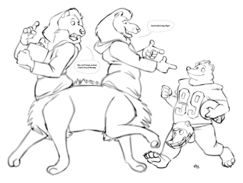 2_heads american_football armor barefoot conjoined crotch_head dialogue duo feet headgear helmet male multi_body multi_head multifur speech_bubble sport text kobi_lacroix felid hyena lion mammal pantherine rear_taur spotted_hyena two_taur english_text line_art monochrome sketch