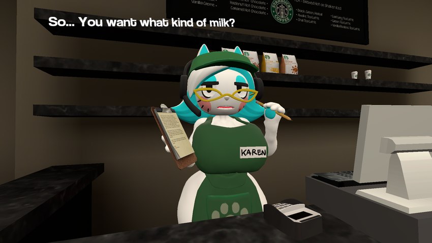 anthro apron big_breasts black_eyes breasts clothing eyewear female glasses solo text white_body thhypercombine glitch_productions smg4 karen_(smg4) domestic_cat felid feline felis mammal 16:9 3d_(artwork) digital_media_(artwork) english_text hi_res widescreen