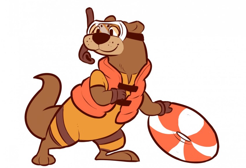 anthro brown_body brown_fur clothed clothing diving_mask eyewear flotation_device fur goggles lifeguard lifevest looking_away male mask pose scuba_gear simple_background smile solo standing swimwear white_background chumpy mammal mustelid otter