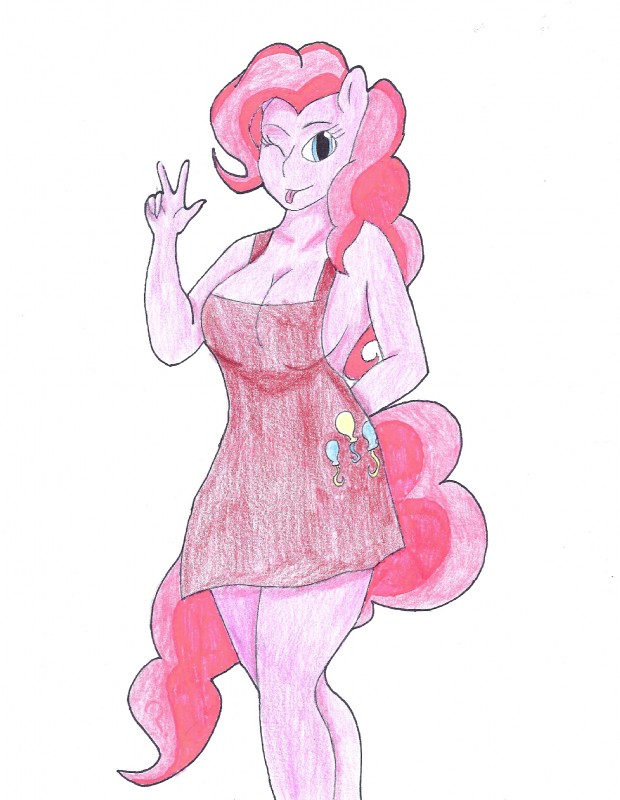 anthro anthrofied balloon balloon_print breasts cleavage clothed clothing cutie_mark cutie_mark_print dress female fur gesture hair hand_gesture inflatable looking_at_viewer one_eye_closed pink_body pink_fur pink_hair print_clothing print_dress simple_background solo tongue tongue_out v_sign white_background wink forever_comics friendship_is_magic hasbro my_little_pony pinkie_pie_(mlp) earth_pony equid equine horse mammal pony hi_res unavailable_at_source