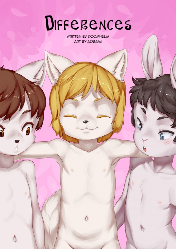 ambiguous_gender anthro blush casual_nudity group innocent_nudity looking_at_genitalia navel nipples nude text young young_anthro aogami chris_(doomhelm) mike_(doomhelm) sarah_(doomhelm) canid canine canis fox lagomorph leporid mammal rabbit wolf 2016 absurd_res comic cover cover_art cover_page english_text hi_res