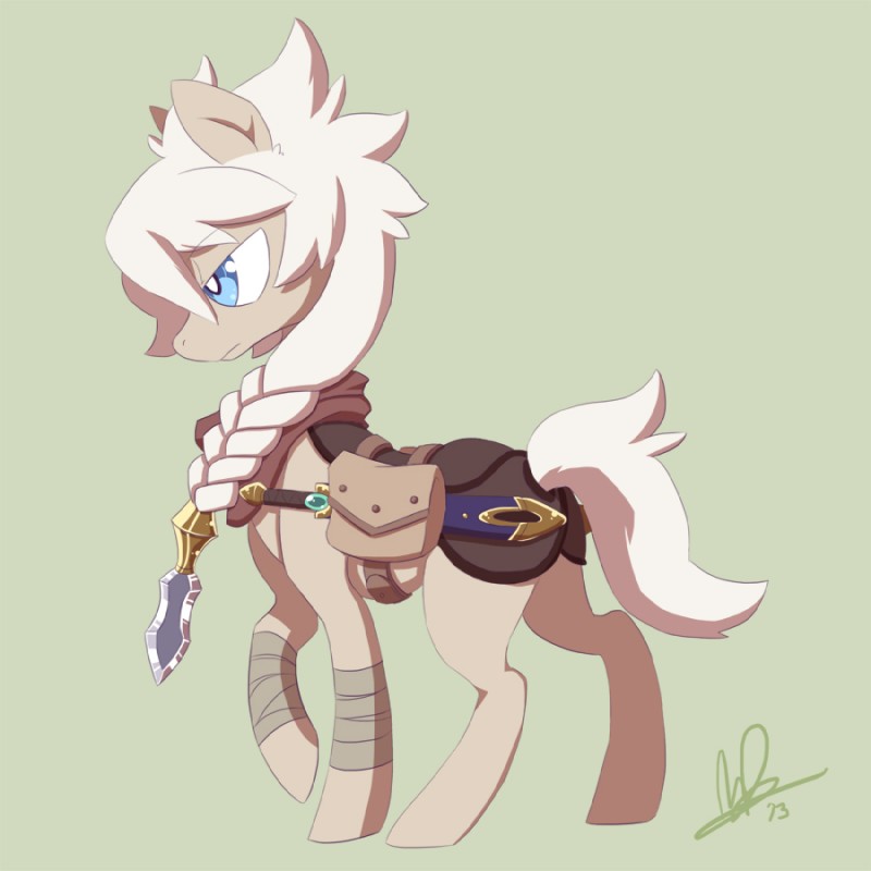 blue_body blue_eyes blue_fur braided_hair feral fur hair long_hair male melee_weapon saddle_bag scarf simple_background solo sword tan_body tan_fur weapon white_hair lanmana hasbro my_little_pony equid equine horse mammal pony 1:1 2013