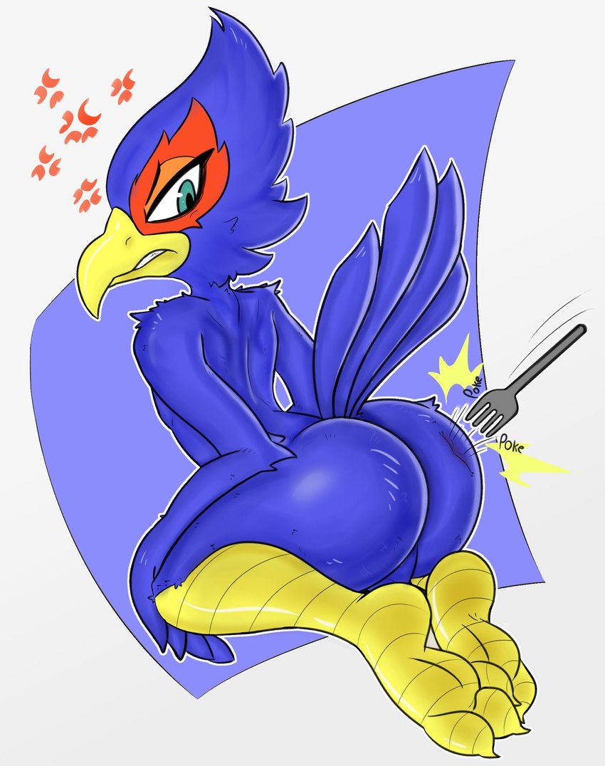 angry anthro backsack balls beak big_butt blue_body blue_feathers butt butthurt cutlery feathers fork genitals kitchen_utensils looking_back male nude poking poking_butt rear_view solo tail tail_feathers tools jjeoe nintendo star_fox falco_lombardi avian bird falcon falconid hi_res