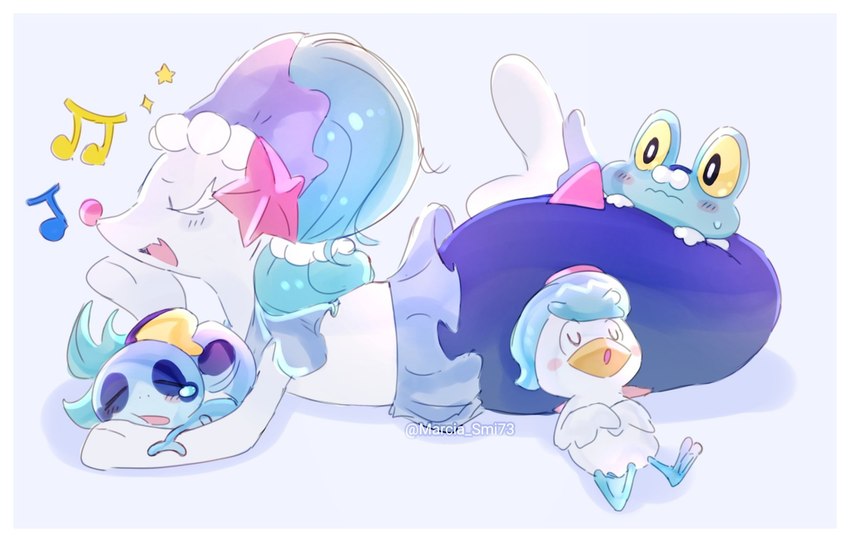 blue_body border eyes_closed feral group simple_background sleeping white_border itz_smi73 nintendo pokemon froakie generation_6_pokemon generation_7_pokemon generation_8_pokemon generation_9_pokemon pokemon_(species) primarina quaxly scalie sobble hi_res