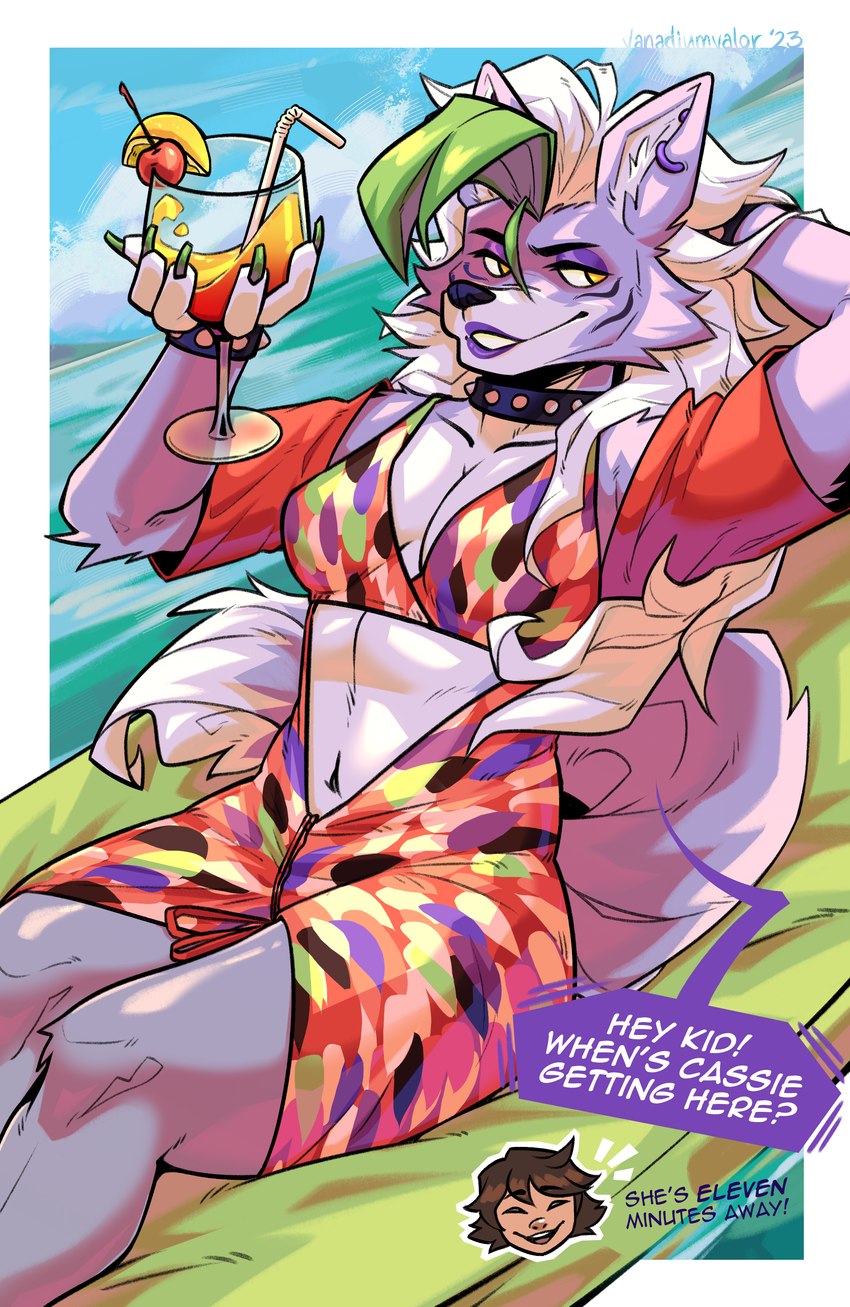 alcohol anthro anthro_focus beach bendy_straw beverage bikini bikini_top bracelet breasts cherry claws cleavage clothed clothing collar container cup day dialogue dress drinking_straw duo ear_piercing ear_ring eyebrows eyeshadow female female_focus food fruit fur glass glass_container glass_cup hair hand_behind_head holding_beverage holding_container holding_cup holding_object jewelry lemon lips lipstick long_hair makeup male navel outside piercing plant ring_piercing seaside sitting smile solo_focus spiked_bracelet spiked_collar spikes swimwear text tuft two-piece_swimsuit unzipped water zipper vanadiumvalor five_nights_at_freddy's five_nights_at_freddy's:_security_breach scottgames steel_wool_studios gregory_(fnaf) roxanne_wolf canid canine canis human mammal wolf 2023 absurd_res english_text hi_res