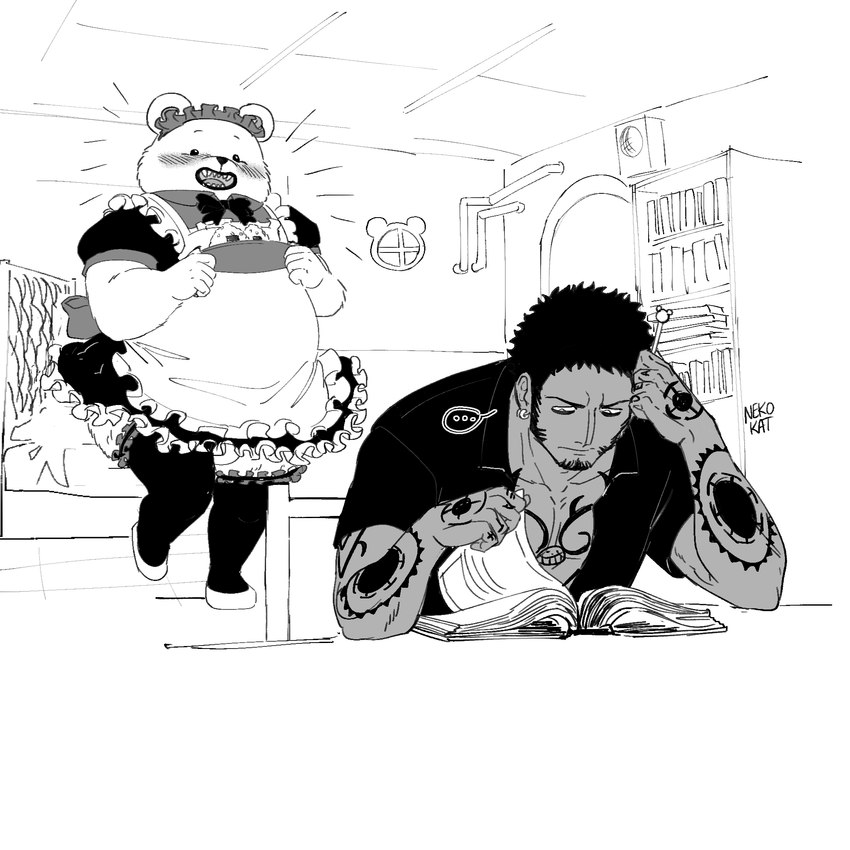 anthro belly clothed clothing crossdressing duo food maid_uniform male male/male onigiri overweight rice size_difference uniform nekokat42 one_piece bepo_(one_piece) trafalgar_law bear human mammal polar_bear ursine 1:1 hi_res monochrome