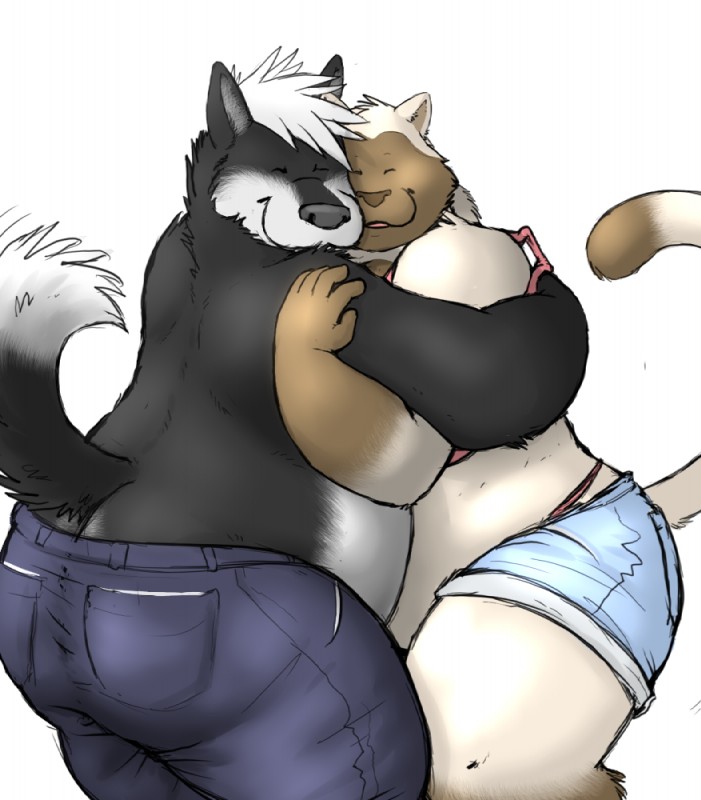 ambiguous_gender anthro bottomwear clothed clothing dipstick_tail duo eyes_closed hug male markings overweight shorts smile tail tail_markings topless kronexfire canid canine canis domestic_cat domestic_dog felid feline felis husky mammal nordic_sled_dog spitz