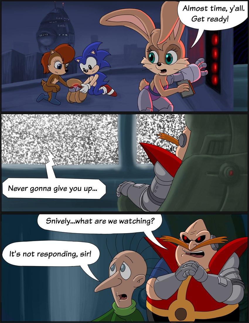 anthro bomb chair computer_monitor dialogue electronic_warfare explosives female furniture male robotic_arm robotic_leg robotic_limb text omatic archie_comics rickroll sega sonic_the_hedgehog_(archie) sonic_the_hedgehog_(comics) sonic_the_hedgehog_(satam) sonic_the_hedgehog_(series) bunnie_rabbot julian_robotnik sally_acorn snively_robotnik_(sonic) sonic_the_hedgehog eulipotyphlan ground_squirrel hedgehog human lagomorph leporid mammal rabbit rodent sciurid absurd_res comic english_text hi_res meme