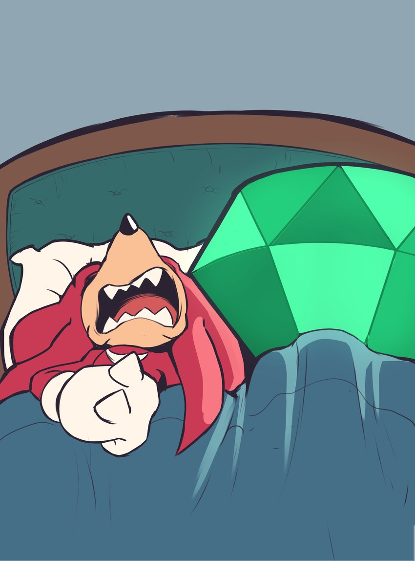 anthro bed bed_sheet bedding clothing furniture male master_emerald open_mouth red_body simple_background sleeping solo karl0 sega sonic_the_hedgehog_(series) knuckles_the_echidna echidna mammal monotreme absurd_res hi_res