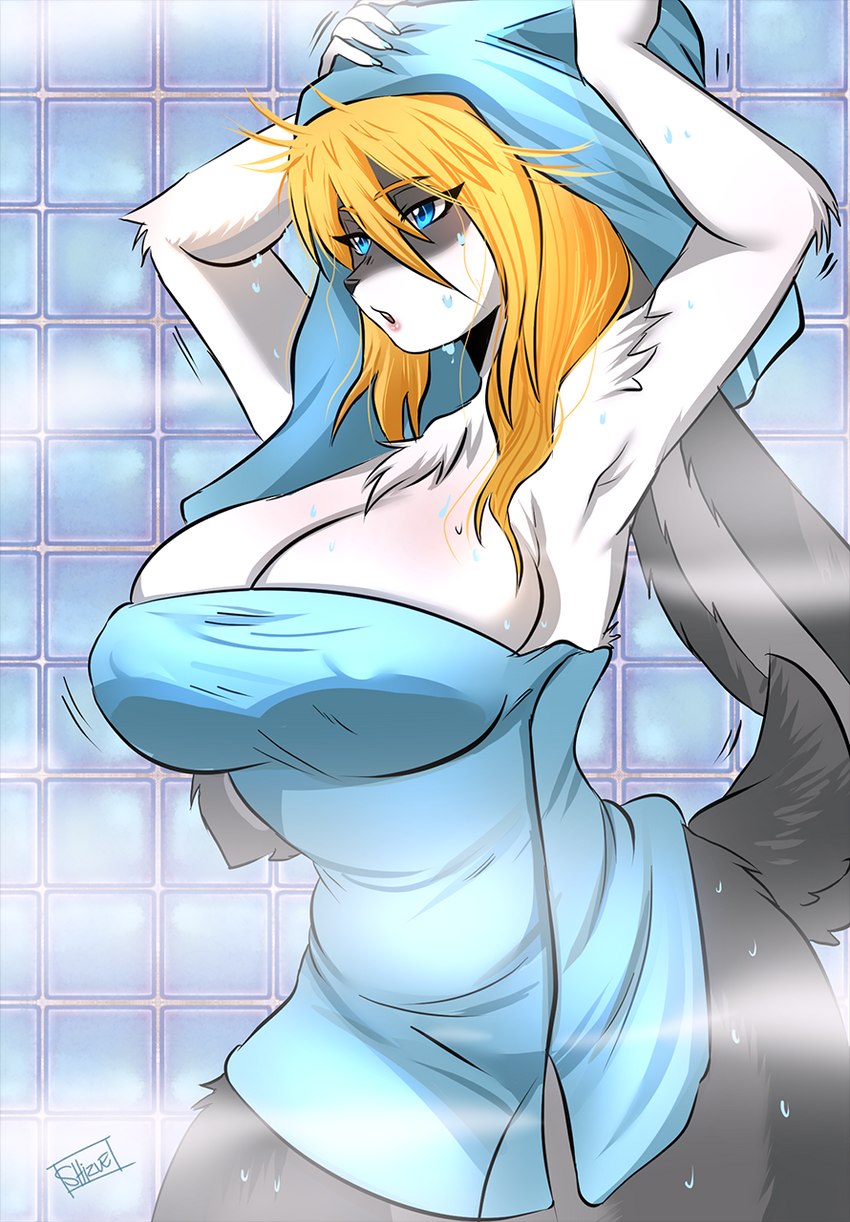 anthro big_breasts blonde_hair breasts female fur grey_body grey_fur hair multicolored_hair solo thick_thighs towel towel_on_head towel_only two_tone_hair wet wet_body wet_fur luvon domestic_cat felid feline felis mammal hi_res