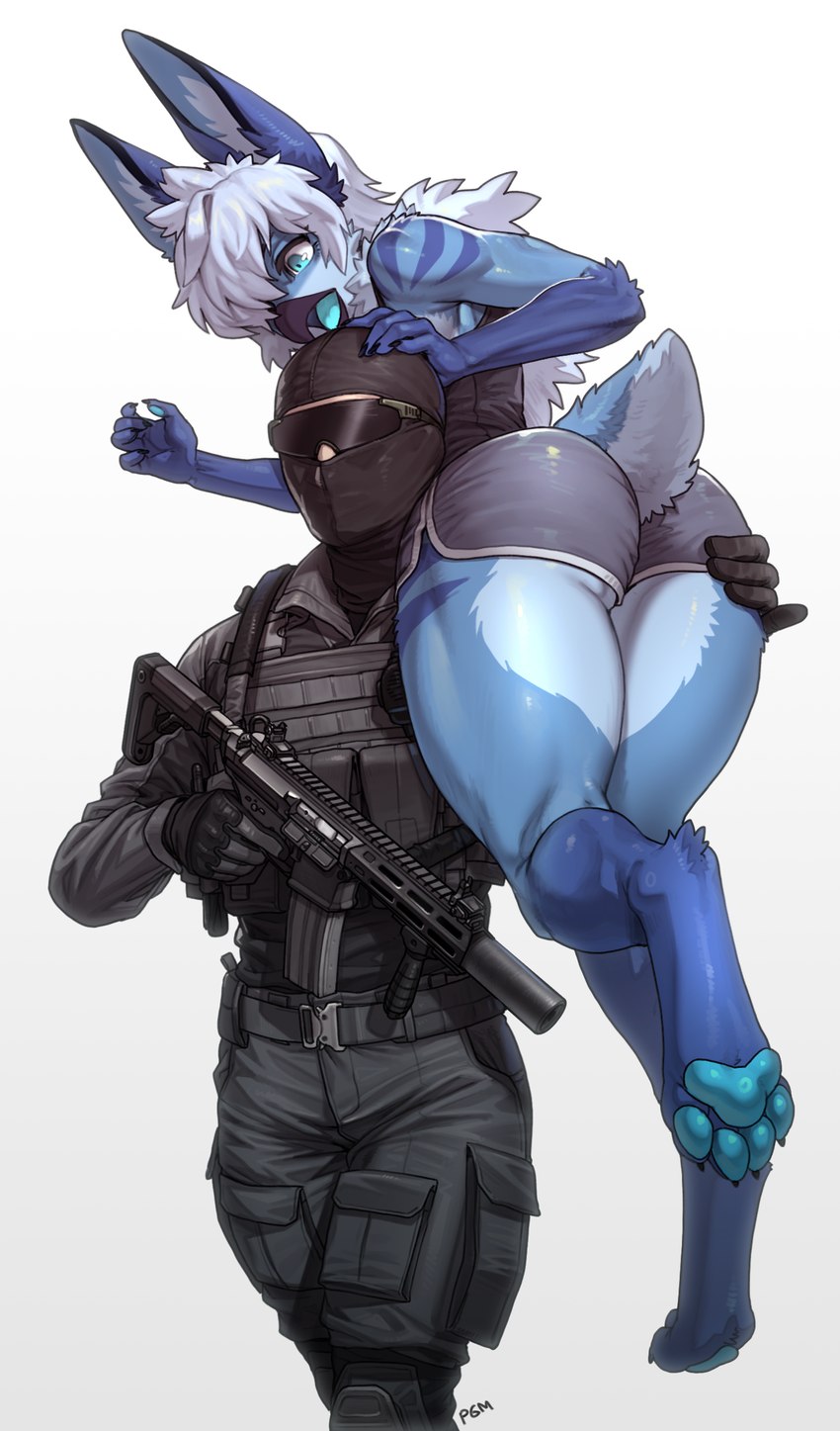 anthro assault_rifle balaclava beak blue_body blue_eyes blue_fur blue_pawpads blue_tongue bottomwear bulletproof_vest carrying_another claws clothed_female clothed_male clothing countershading damsel_in_distress digitigrade dolphin_shorts duo female female_anthro finger_claws fingerpads fur gun hair holding_gun holding_object holding_ranged_weapon holding_weapon inner_ear_fluff long_hair male male_human markings mask military military_uniform pawpads ranged_weapon rifle scut_tail short_tail shorts shoulder_carry simple_background soldier striped_markings stripes surprise tail toe_claws tongue tuft uniform warrior weapon white_hair pgm300 terena_(axel0527) avian bird human hybrid lagomorph leporid mammal rabbit absurd_res digital_media_(artwork) hi_res signature smaller_version_at_source