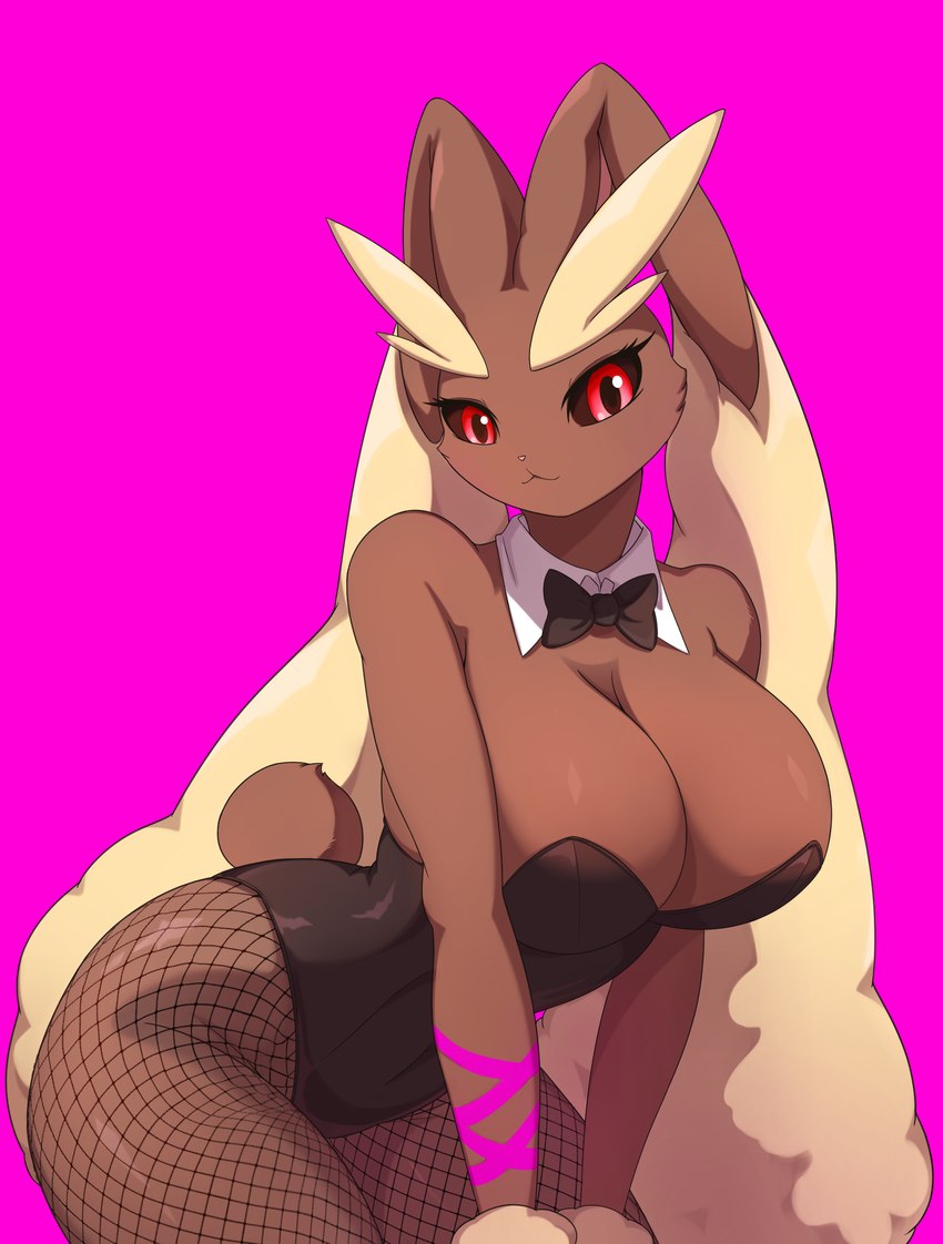 anthro bald big_breasts biped breasts brown_body bunny_costume cleavage clothed clothing costume eyebrows eyelashes female fur huge_breasts looking_at_viewer pupils solo thick_eyebrows thick_thighs son2j nintendo pokemon generation_4_pokemon lopunny pokemon_(species) hi_res