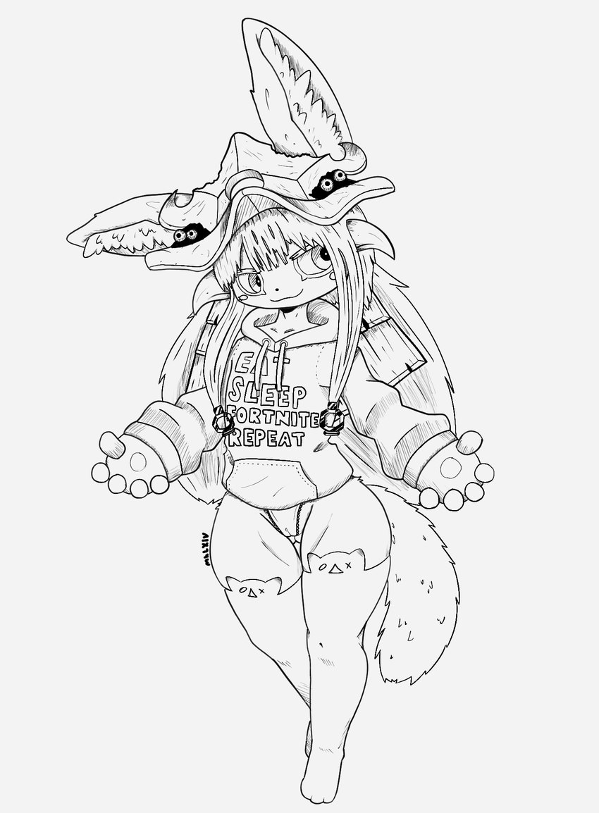 anthro big_forearms camel_toe clothed clothing female flat_chested fluffy fluffy_ears fluffy_tail forearms hair headgear headwear legwear long_hair looking_away pantsless smug solo tail thick_thighs thigh_highs thong underwear mklxiv epic_games fortnite made_in_abyss nanachi mammal narehate 2021 digital_media_(artwork) hatching_(art) hi_res monochrome shaded signature