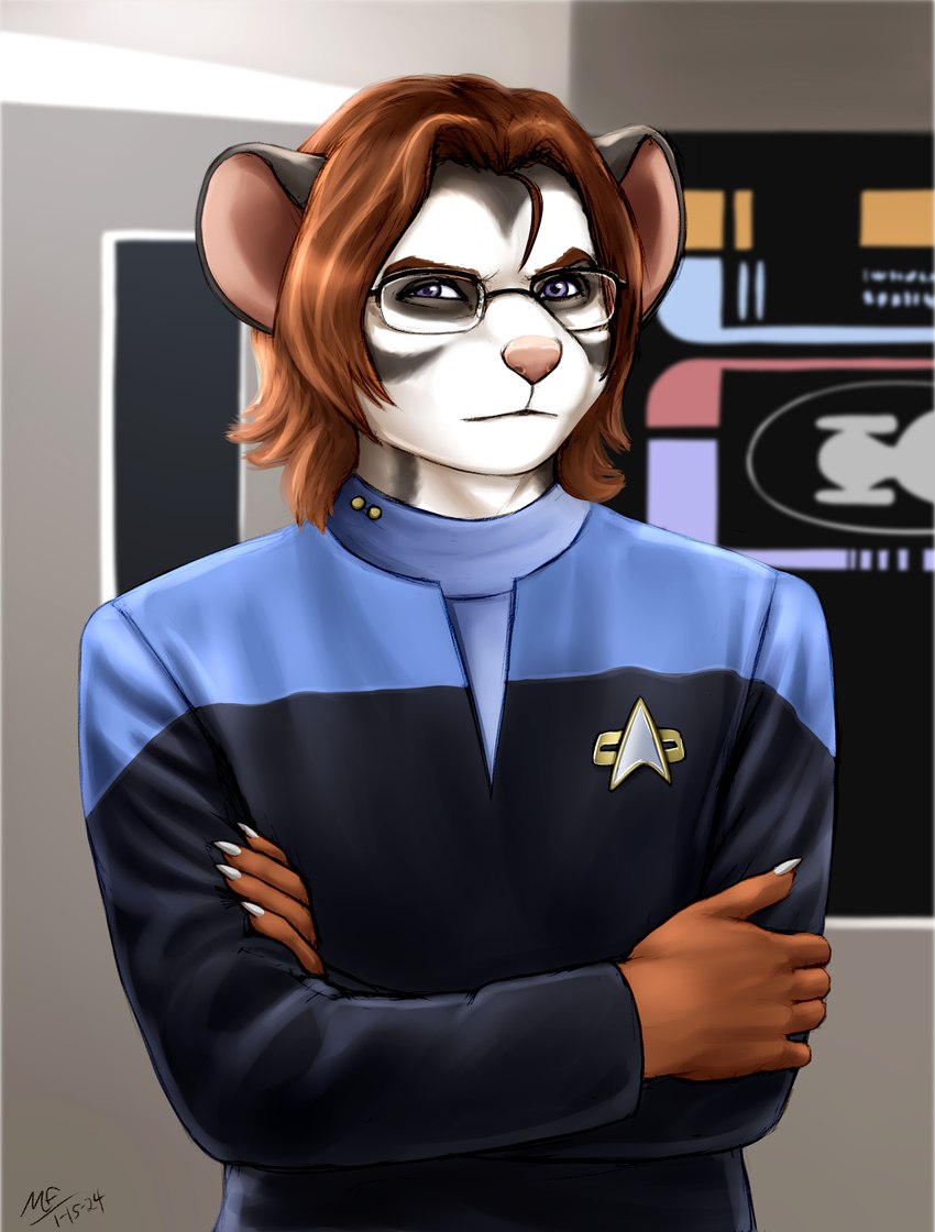 anthro blue_eyes brown_hair eyewear fur glasses grey_body grey_fur hair male shaggy_hair solo starfleet_uniform moodyferret star_trek finian_wren australian_possum mammal marsupial petaurid sugar_glider absurd_res hi_res