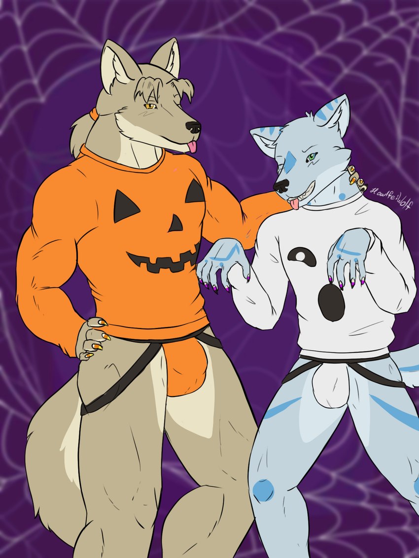 accessory anthro bangs biceps blep bulge candy candy_corn candy_corn_pattern claws clothed clothing colored_nails dessert duo food fruit fur green_eyes grey_body grey_fur hair hair_accessory hair_tie holidays jack-o'-lantern jockstrap long_hair looking_at_viewer male male/male multicolored_body multicolored_fur muscular muscular_anthro muscular_male nails one_eye_closed plant ponytail pose print_clothing print_shirt print_t-shirt print_topwear pumpkin shirt simple_background smile spider_web sweater t-shirt tail tan_body tan_fur teeth tongue tongue_out topwear two_tone_body two_tone_fur underwear yellow_eyes howlfeiwolf halloween arawn arawn_(howlfeiwolf) howlfei canid canine canis ghost mammal spirit wolf 3:4 digital_drawing_(artwork) digital_media_(artwork) flat_colors hi_res