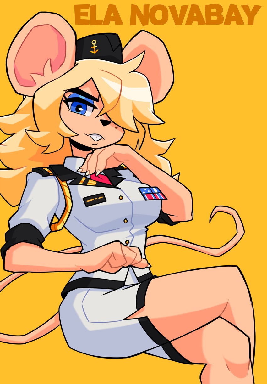 anthro blonde_hair blue_eyes bottomwear breasts buckteeth clothing eyebrows eyelashes female fingers hair hair_over_eye hat headgear headwear looking_at_viewer markings mole_(marking) navy navy_uniform necktie one_eye_obstructed shorts simple_background solo tail teeth uniform yellow_background spongebandimark a.i.m._(game) ela_novabay mammal mouse murid murine rodent 2023 absurd_res character_name hi_res