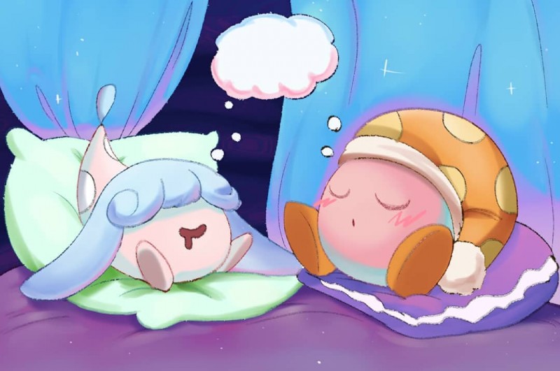 blue_hair blush blush_stickers bodily_fluids clothed clothing dream drooling duo eyes_closed female hair hair_over_eyes hat headgear headwear nightcap not_furry pillow saliva sitting sleeping unknown_artist kirby_(series) nintendo pokemon generation_8_pokemon hatenna noddy_(kirby) pokemon_(species) waddling_head 2019 crossover