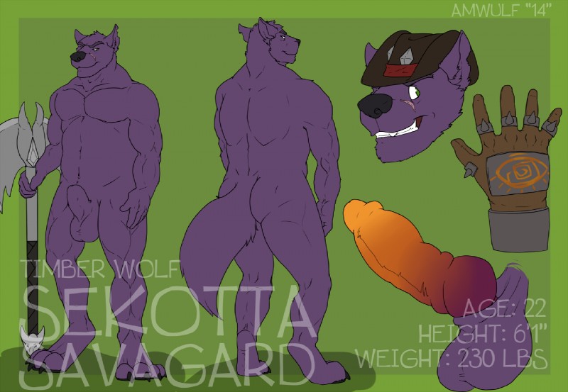 animal_genitalia anthro axe balls battle_axe cowboy erection fur genitals green_background knot looking_at_viewer male melee_weapon multicolored_penis muscular muscular_anthro muscular_male penis purple_body purple_fur sheath simple_background solo two_tone_penis weapon amwulf sekotta canid canine canis mammal wolf 2014 model_sheet