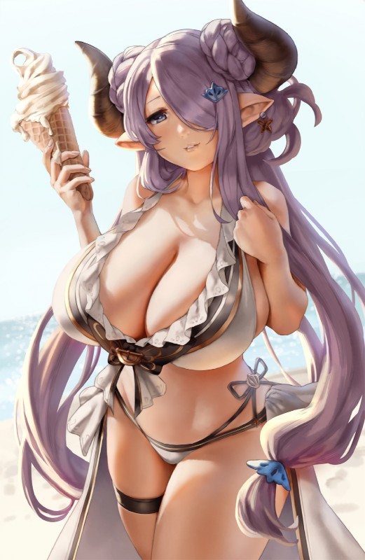 beach big_breasts bikini breasts cleavage clothed clothing dessert ear_piercing ear_ring female food horn ice_cream not_furry piercing ring_piercing seaside solo swimwear two-piece_swimsuit eu03 cygames granblue_fantasy narmaya draph horned_humanoid humanoid hi_res