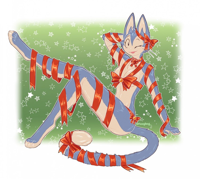 anthro blep blue_body crossgender female long_legs one_eye_closed ribbons solo tongue tongue_out wink fizzy-dog dragon_ball puar_(dragon_ball) felid feline mammal hi_res