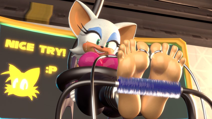 5_toes anthro bdsm bodily_fluids bondage bound emblem feet female foot_fetish foot_focus humanoid_feet plantigrade solo tears text tickling tickling_machine toe_restraints toes toes_tied tongue tongue_out twintails3d sega sonic_the_hedgehog_(series) miles_prower rouge_the_bat bat mammal 16:9 3d_(artwork) 4k absurd_res digital_media_(artwork) english_text hi_res widescreen