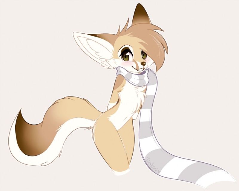 anthro female fur scarf simple_background solo tan_body tan_fur white_background taykoe canid canine fennec_fox fox mammal true_fox