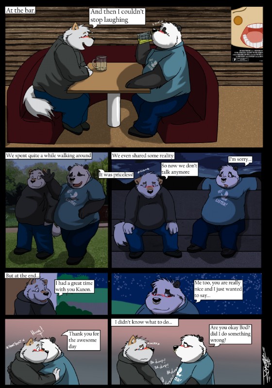 anthro blush bodily_fluids detailed_background dialogue heartbeat heterochromia hug male male/male outside overweight romantic romantic_ambiance slice_of_life tail tears text jakegr dr._tran bod kanon bear canid canine canis domestic_dog giant_panda mammal comic english_text hi_res