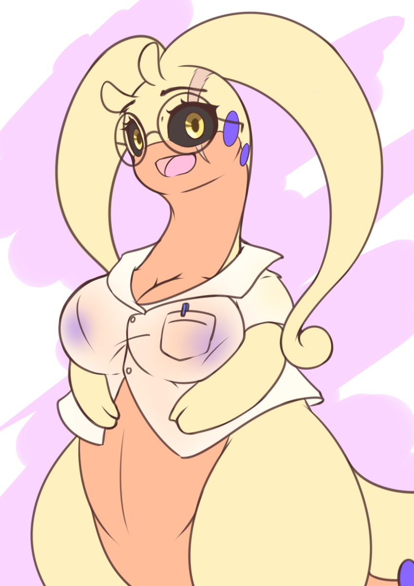 anthro big_breasts breasts eyewear female feral glasses goggles non-mammal_breasts solo yellow_eyes darlondemonic nintendo pokemon fan_character freya_(matthoniuss) generation_6_pokemon goodra pokemon_(species) shiny_pokemon absurd_res hi_res