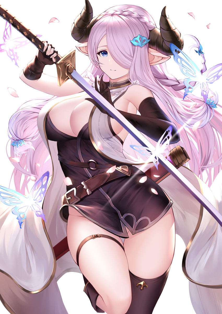 big_breasts blue_eyes bottomless breasts cleavage clothed clothing female hair hair_over_eye horn humanoid_pointy_ears melee_weapon one_eye_obstructed pink_hair pointy_ears solo sword weapon an_yasuri cygames granblue_fantasy narmaya arthropod butterfly draph horned_humanoid humanoid insect lepidopteran mammal 2020 absurd_res hi_res