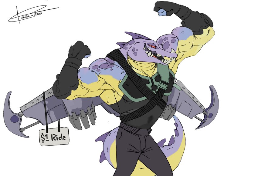 anthro biceps bottomwear clothing flexing gloves handwear happy jet_pack male muscular muscular_anthro muscular_male pants pecs pose price_tag purple_body shirt sign simple_background smile solo tail tank_top teeth top_heavy topwear white_background crimenes insomniac_games ratchet_and_clank sony_corporation sony_interactive_entertainment alien extraterrestrial lizard reptile scalie thugs-4-less 2023 dated signature