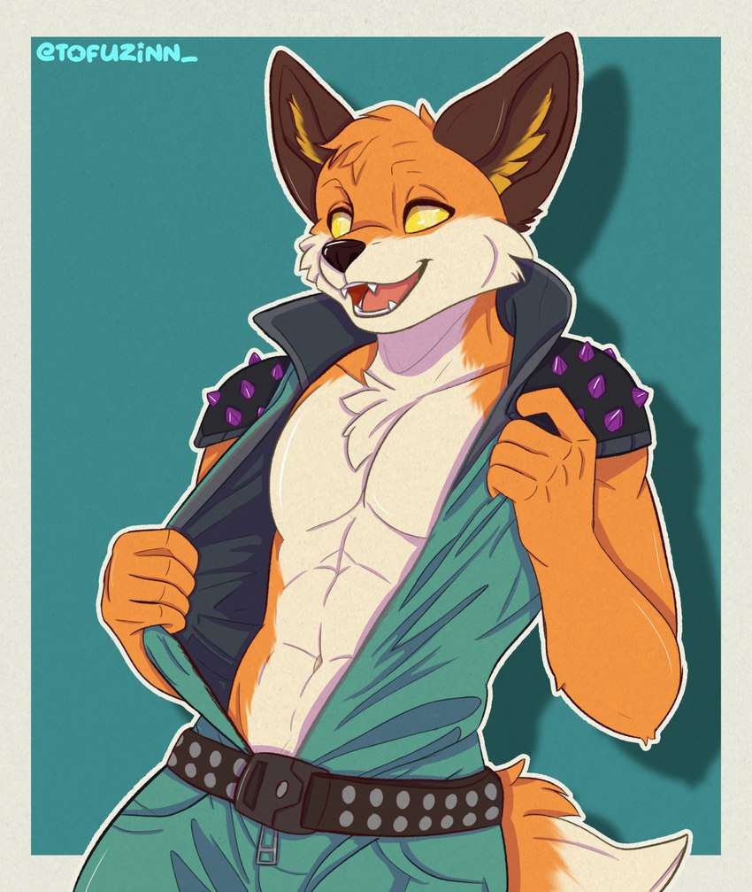 abs anthro belt brown_ears clothing looking_at_viewer male opening_jacket opening_shirt shirt smile solo spikes suit teeth topwear yellow_eyes tofuzinn epic_games fortnite fennix_(fortnite) canid canine fox mammal red_fox true_fox hi_res