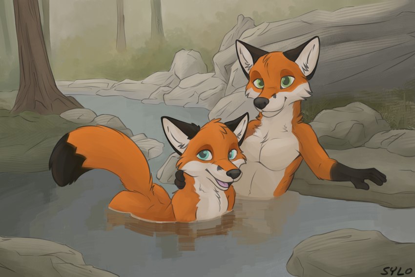 anthro blue_eyes butt detailed_background duo fur green_eyes looking_at_viewer male male/male nude open_mouth orange_body orange_fur outside partially_submerged river skinny_dipping smile tail sylo canid canine fox mammal 3:2 digital_media_(artwork) hi_res