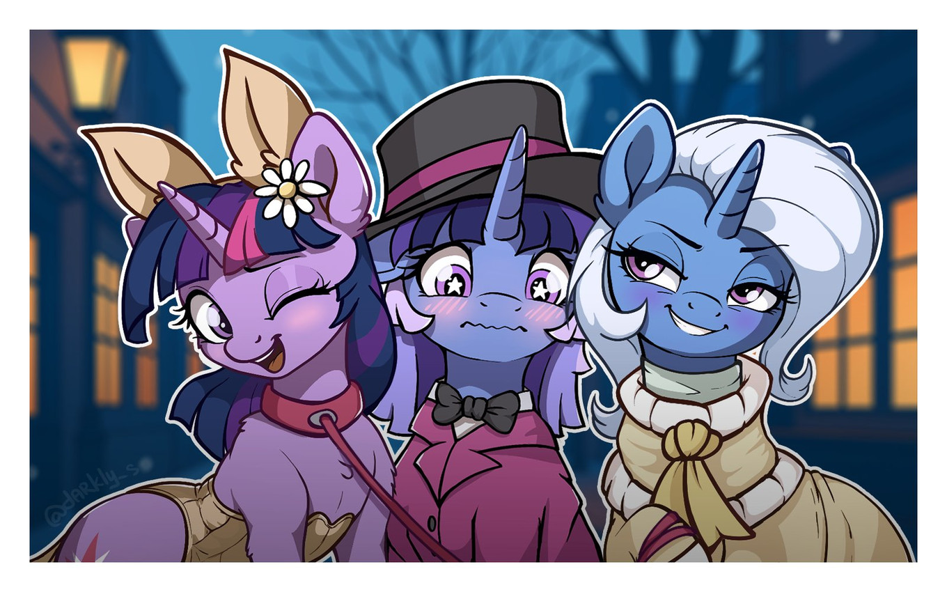 accessory blush blush_lines bow_tie bunny_costume clothing costume eyelashes female female/female feral flower flower_in_hair glistening_eyelids group hair hair_accessory hat headgear headwear horn leash long_eyelashes night plant scarf tear_trough top_hat trio tial friendship_is_magic hasbro my_little_pony mythology flawless_sparklemoon trixie_(mlp) twilight_sparkle_(mlp) equid equine mammal mythological_creature mythological_equine unicorn 16:10 hi_res widescreen